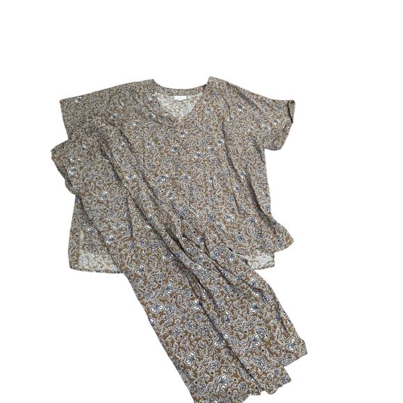 J. Jill Women’s XL Pant Suit Set Brown Floral Print 2-Piece Lightweight Outfit - Picture 1 of 10